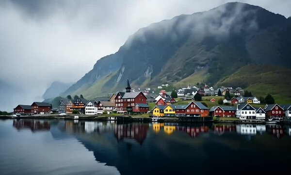Odda Town House In Norway Misty Mountain Landscape And Water Reflection. 4k video