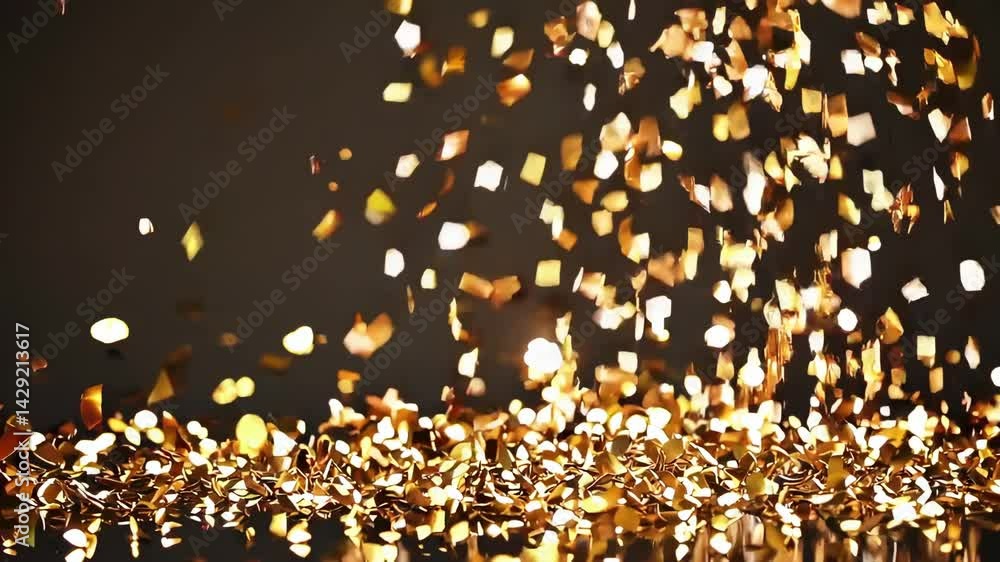 Poster a background featuring falling golden glitter particles, accompanied by falling gold confetti and ma