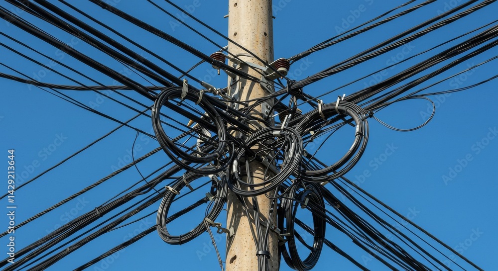 Aufkleber complex network of utility pole cables and wires - a dense array of cables and wires crisscross on a