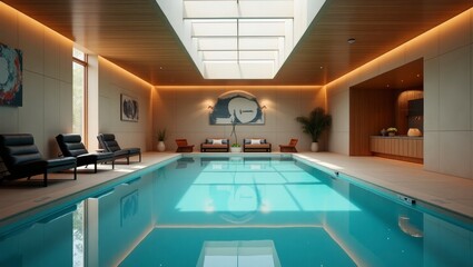 Inviting pool area with couch and chair surrounded by lush landscaping featuring surreal elements and vibrant aesthetics