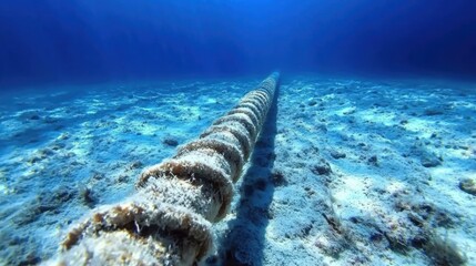 Obraz premium Underwater pipeline stretches through deep sea environment with marine growth in soft blue light
