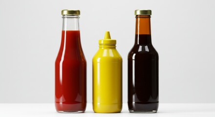 Condiment Bottles Set - Three glass bottles filled with ketchup, mustard, and brown sauce. Perfect for restaurant menus or food blogs