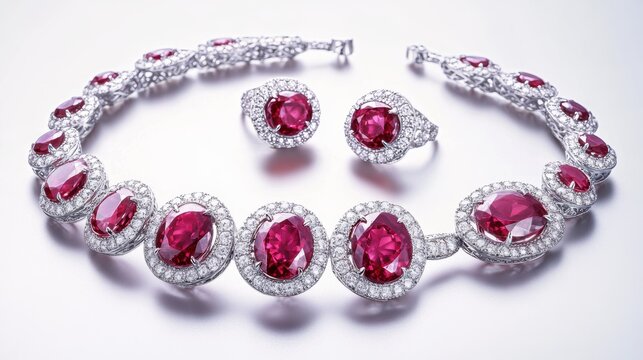 Classic ruby jewelry set with vivid red rubies and matching diamonds on earrings, necklace, and ring, isolate on white background