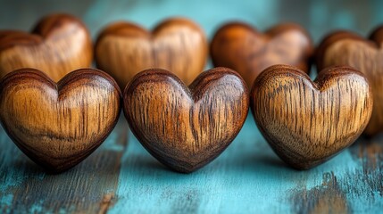 Wooden hearts float on a turquoise background, creating a romantic atmosphere perfect for Valentine's Day, Mother's Day, or celebrating love.