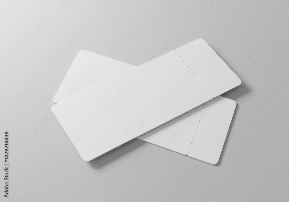 Poster minimal composition of two blank white tickets on a light grey background with soft shadows