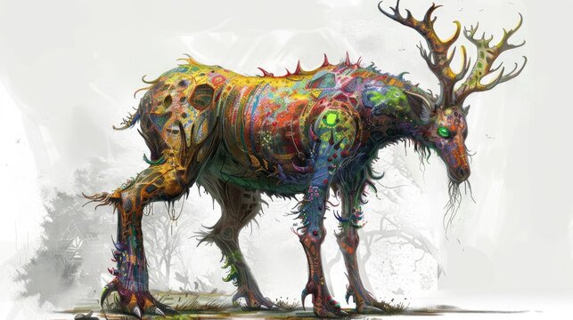 A monstrous beast with antlers, green eyes, giraffe-like in size, colorful overall, duck paw-like hind legs, and human hand-like front feet 