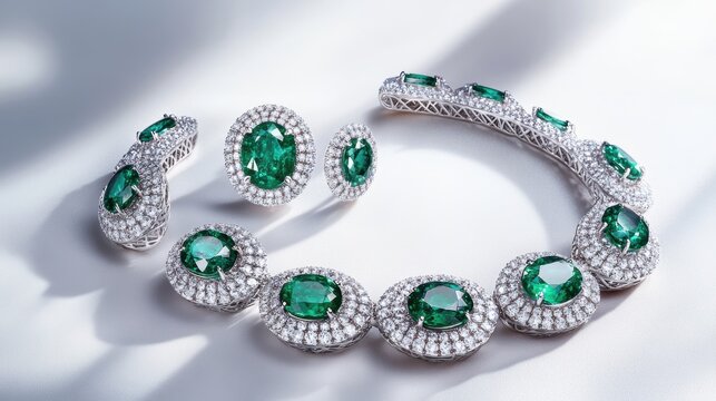 Elegant emerald jewelry set with matching round emeralds and diamonds on earrings, necklace, and ring, isolate on white background