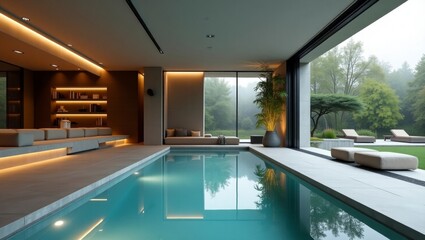 Contemporary pool surrounded by lush landscaping featuring vibrant cinematic elements creating a relaxing atmosphere