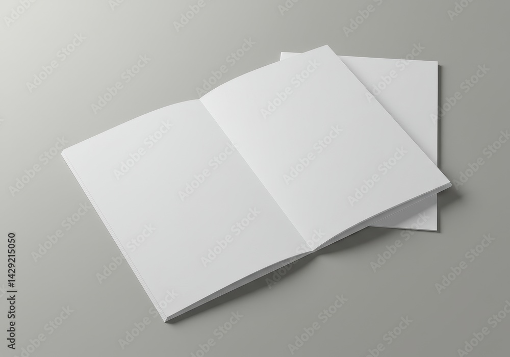 Poster top-down view of white booklet mockup with open spread and overlapping cover on grey background
