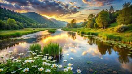 Fototapeta premium Serene Sunset Over a Tranquil River Winding Through Lush Green Valley with Daisies