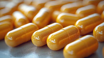 Yellow capsules arranged on a white background- a modern pharmaceutical concept.