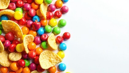 Obraz premium Pile of colorful candy, chips, and soda on white , sugary, high calorie, sweets