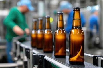Beer Bottles on Conveyor Belt in Brewery Factory