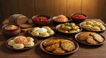 Diverse Slavic Cuisine Feast - A hearty spread of traditional Slavic dishes, including pierogi, cabbage rolls, potato pancakes, and borscht, presented on a rustic wooden table