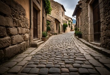 A cobblestone street in a small town with stone buildings.