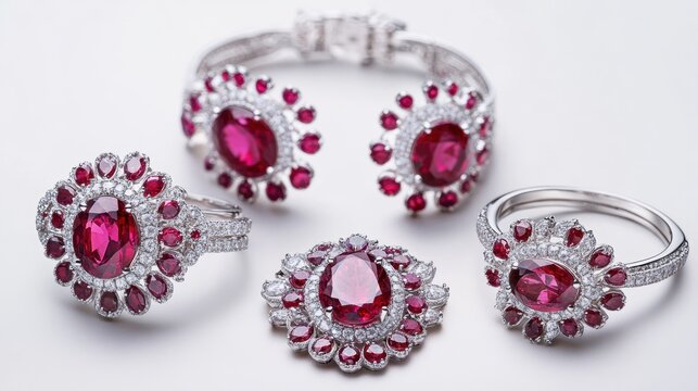 Luxurious ruby jewelry set with matching oval rubies and diamonds on earrings, necklace, and ring, isolate on white background