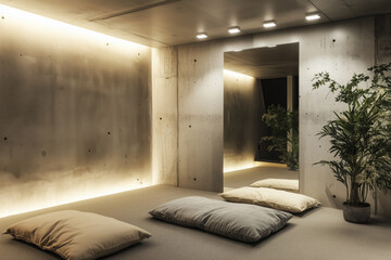Empty room featuring soft pillows on floor and lush indoor plants in corners creating a serene and relaxing environment