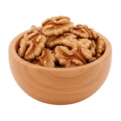 Fototapeta premium Walnut halves in a wooden bowl on white surface isolated on white background