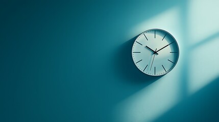 A minimalist wall clock against a teal-blue wall, bathed in sunlight