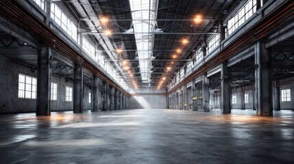 Industrial warehouse with concrete floors and steel beams, showcasing raw urban aesthetics and depth.