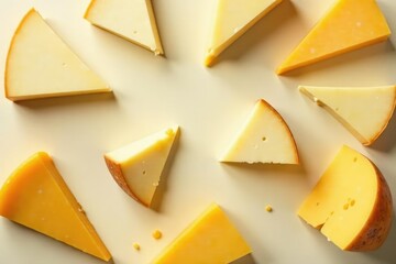 Several cheese wedges, various types, clean backdrop , selection, assortment
