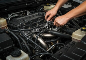 Car maintenance involves hands working on engine parts in a garage setting