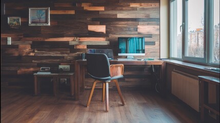Minimalist home office with wooden wall and natural light, embodying a serene and productive workspace.