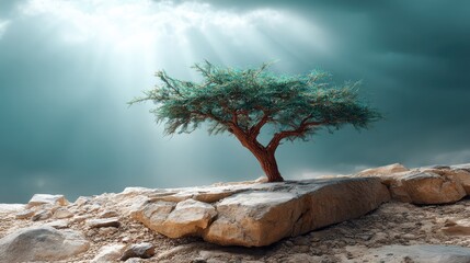 Lone tree stands resilient on cliff edge beneath dramatic clouds and breaking light rays