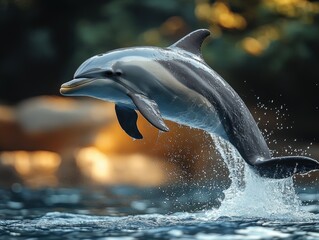 Fototapeta premium Dolphin leaping gracefully above water in a serene aquatic environment