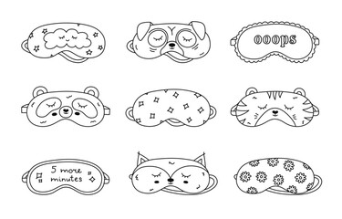 Lovely scribble sleeping mask set with pug, panda, cat head, sunflower and stars pattern, cloud, funny lettering. Childish and girlish hand drawn eye mask doodle isolated on white background.