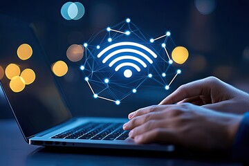 Hands typing on laptop with wifi network connection symbol