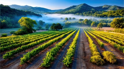 Morning mist envelops vineyard rows against green hills in serene landscape