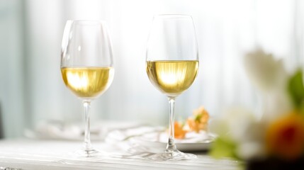 Two wine glasses with white wine on an elegant table; a moment of refined relaxation and simple luxury.