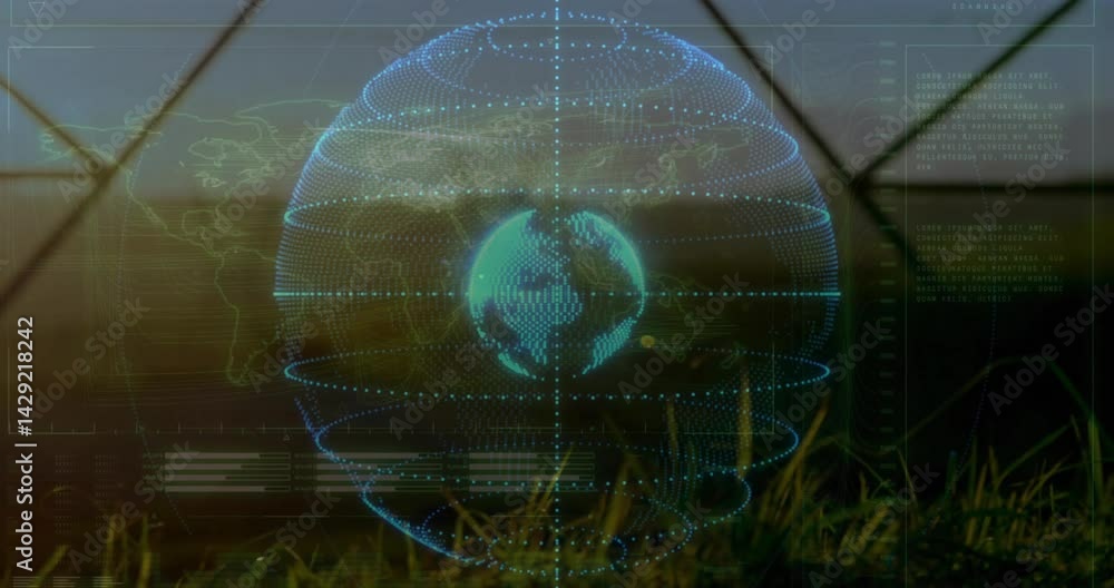 Poster blue-green holographic globe floating at center while ar interface showing bar charts and graphs