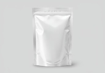 Centered white foil pouch mockup with zip-lock top and realistic creases on light gray background