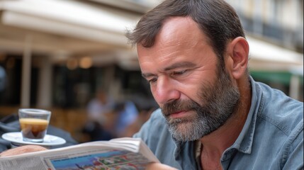 Middle-aged man enjoying espresso while reading newspaper at outdoor cafe