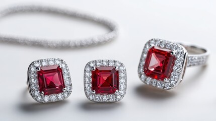 Classic ruby jewelry set with radiant red rubies and square diamonds on earrings, necklace, and matching ring, isolate on white background