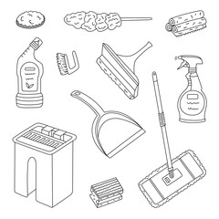 Childish sketch set with house cleansing supply. Hand drawn bucket, mop, dustpan,glass scraper, washing spray bottle, toilet disinfectant gel, roll of rags. Black and white home care doodle isolated.