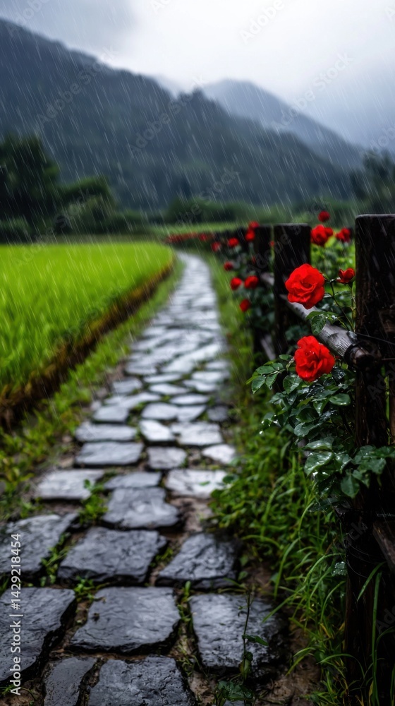 Aufkleber a path with a fence on the side and a row of red roses