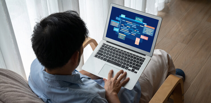 Software development or programming work with coding screen of various programming languages like HTML, Python, Java, and C brisk for new application development - Powered by Adobe