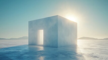 A pristine, ice-like cube structure, bathed in soft sunlight, sits on a frozen plain
