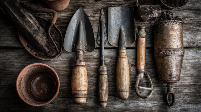 Vintage gardening tools on a wooden table, a timeless tribute to rustic simplicity and the art of cultivation.
