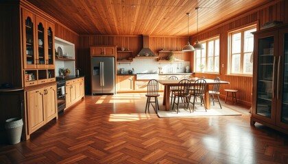 Captivating rustic wooden kitchen interior with sunlit hardwood herringbone flooring