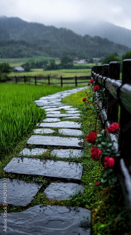 Aufkleber a path with a fence and a row of red roses