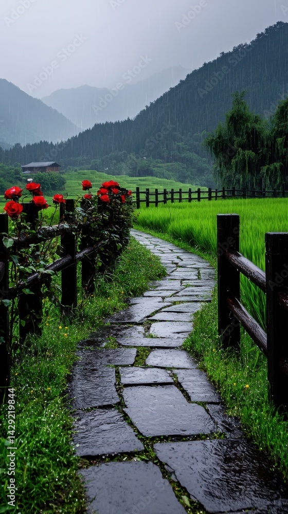 Poster a path through a lush green field with a stone walkway and a fence