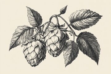 Detailed Botanical Engraving of Hop Cones and Leaves on Neutral Background