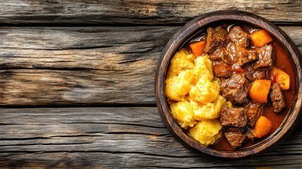 Steaming bowl of nyama choma served with ugali on rustic wooden table in warm lighting