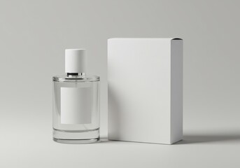 Clear glass perfume bottle with white label and box on light gray background for branding mockup