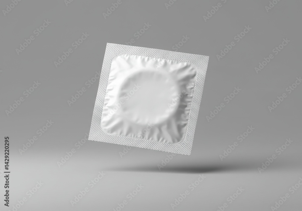 Poster floating white condom foil wrapper with subtle folds casting soft shadow on neutral gray background