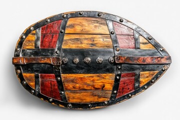 Minimalist view of traditional handmade shield featuring red and black pattern on white background